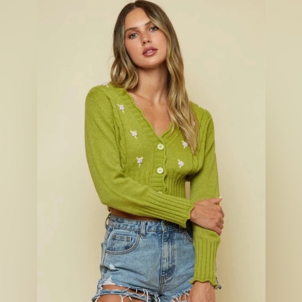 Lime Embroidered crop‎ sweater